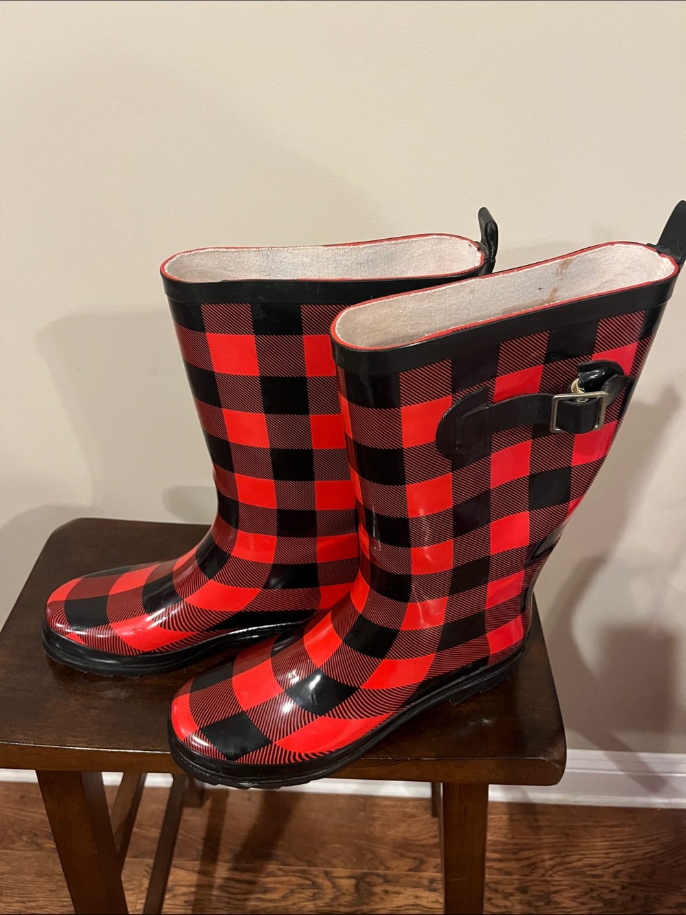 Red and Black Buffalo Plaid Rain Boots - Women